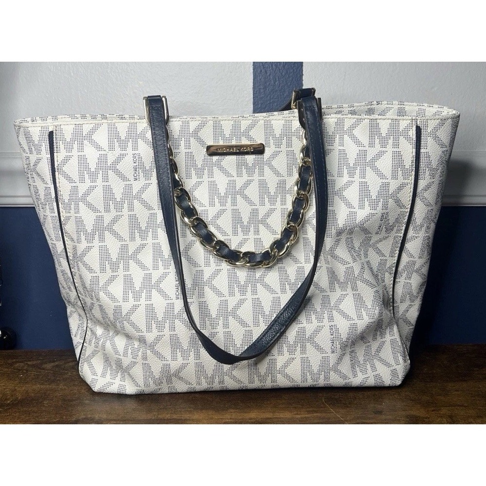 Michael Kors East West Tote Bag Large White Blue Signature MK Logo Harper Chain